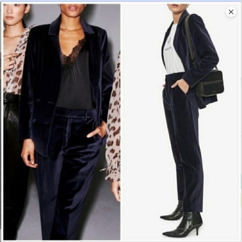 Anine Bing Ella Velvet Blue Straight Leg Trouser Pants Size 38 NWOT chic preppy